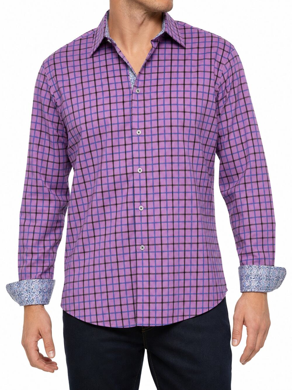 Robert Graham Mens Pink Plaid Classic Fit Button Shirt Size L Rolled Cuff Sleeve